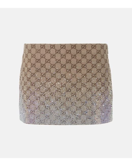 Gucci Natural Gg Canvas Embellished Cotton-Blend Miniskirt