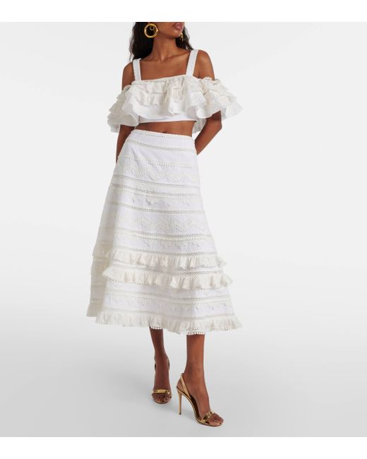 Carolina Herrera White Embroidered Ruffled Cotton Crop Top