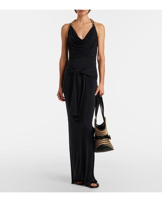 Balmain Black Raffia-Effect Striped Shoulder Bag
