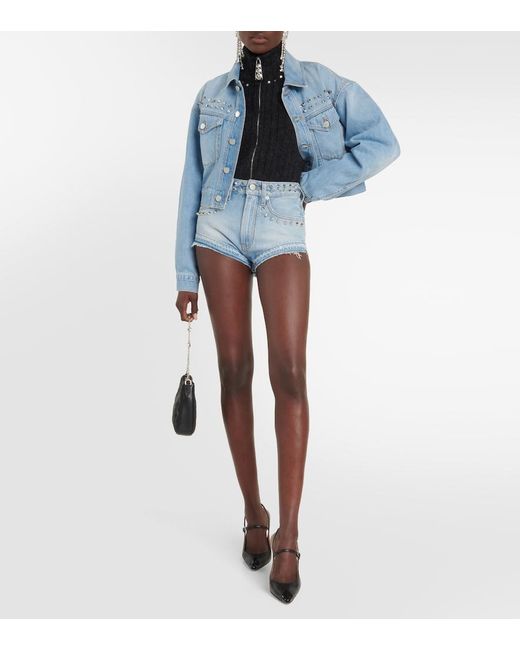 Alessandra Rich Blue Embellished Mid-Rise Denim Shorts