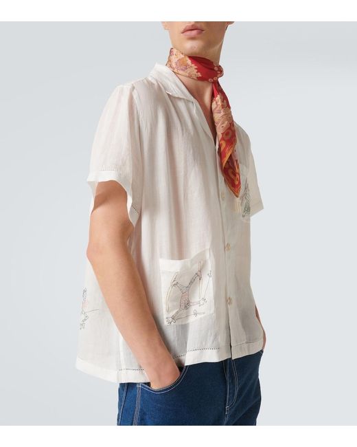 Bode White Skiers Linen Bowling Shirt for men