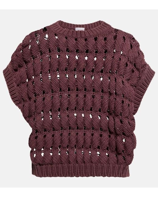 Brunello Cucinelli Purple Open-work Cotton-blend Top