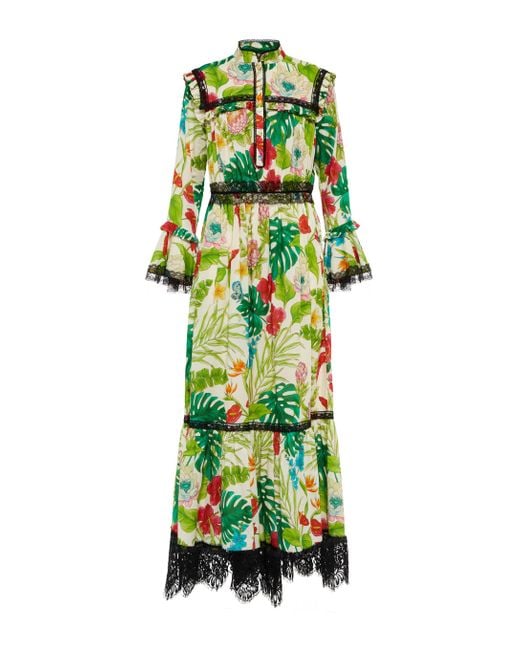 Robe longue en coton a fleurs Gucci en coloris Green