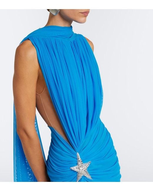 David Koma Blue Draped Embellished Tulle Midi Dress
