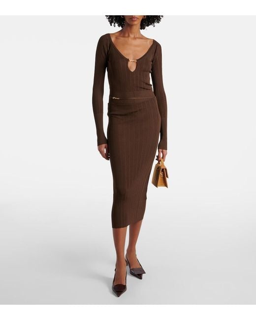 Jacquemus Brown Pralu Ribbed-Knit Midi Skirt