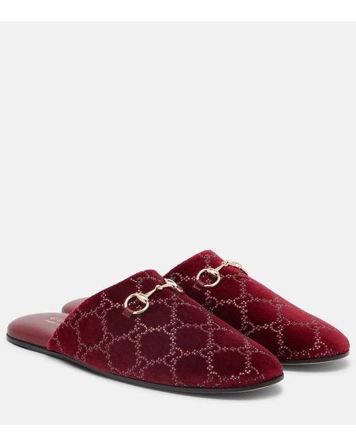 Gucci Red Horsebit Gg Embellished Velvet Mules