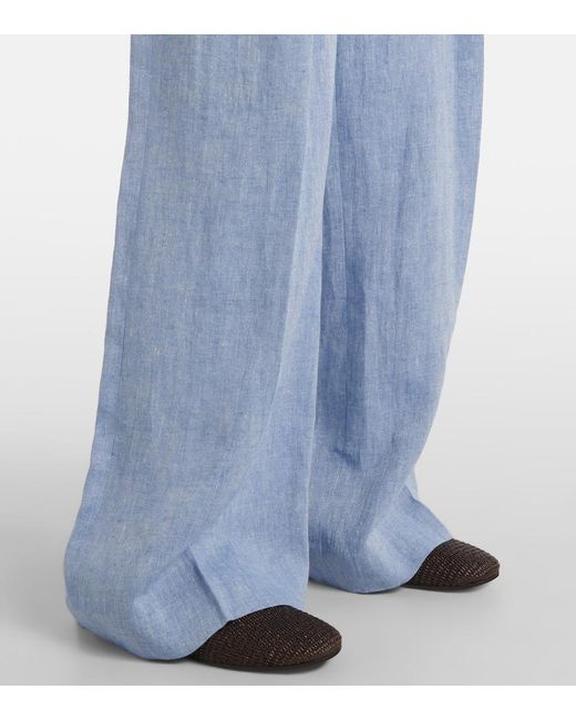 Brunello Cucinelli Blue High-Rise Linen-Blend Wide-Leg Pants