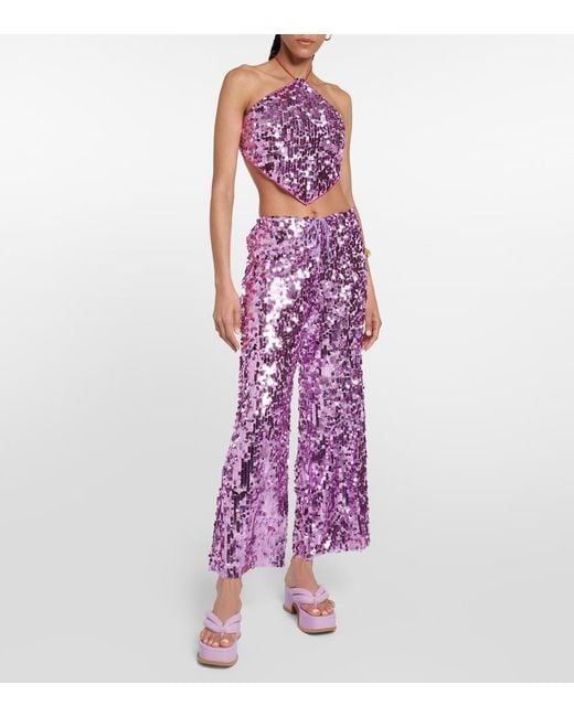 Oseree Purple Sequined High-Rise Wide-Leg Pants