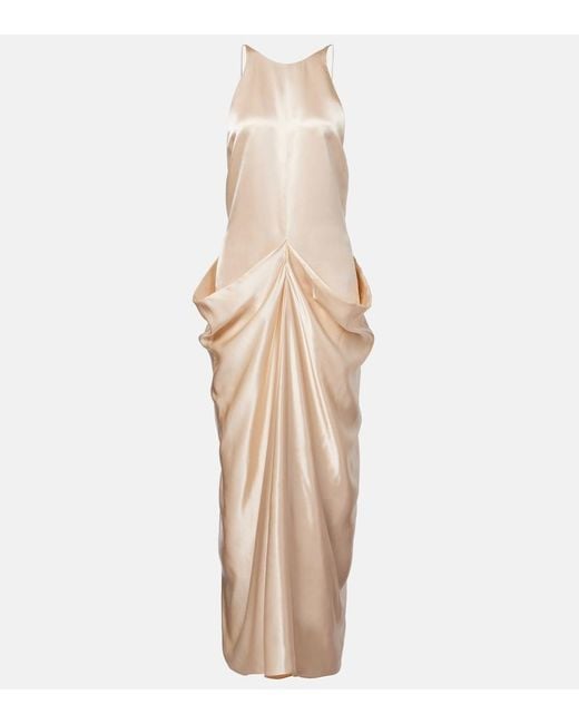 Khaite Natural Draped Gathered Satin Maxi Dress