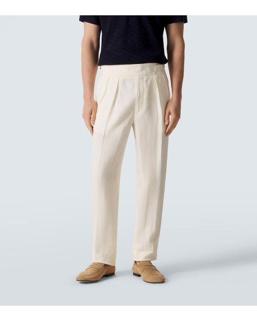 Rubinacci White Linen Tapered Pants for men