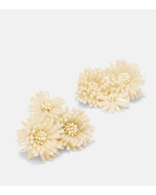 Oscar de la Renta White Pompom Beaded Clip-On Earrings