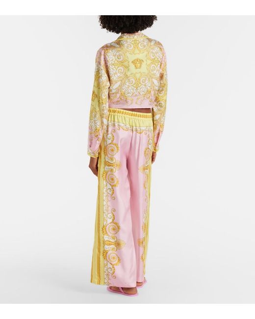 Versace Pink Barocco Foulard Silk Twill Wide-Leg Pants