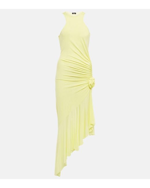 Blumarine Yellow Ruched Corsage Jersey Midi Dress
