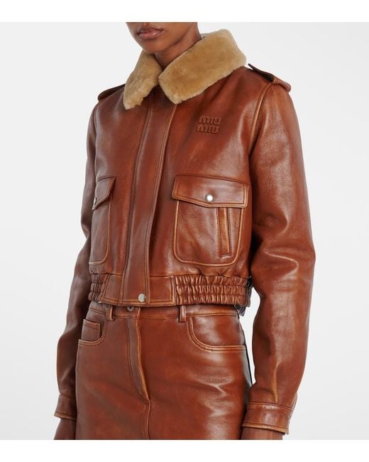Veste En Cuir Et Shearling Miu Miu en coloris Brown
