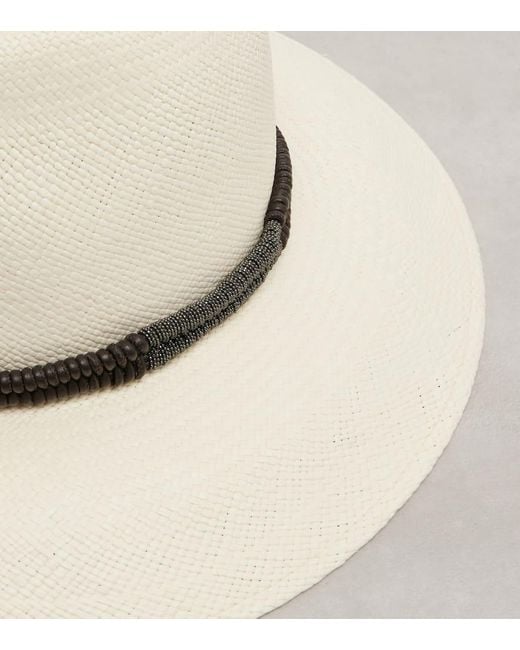 Brunello Cucinelli White Fedora-Hut Aus Stroh Mit Leder