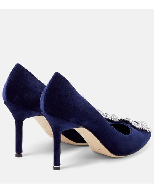 Manolo Blahnik Blue Hangisi 90 Embellished Velvet Pumps