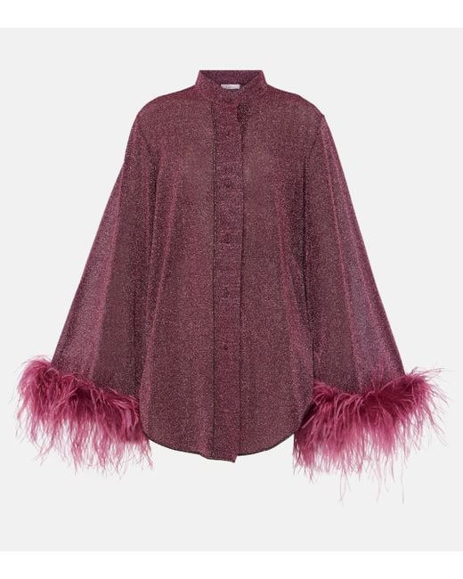 Oseree Purple Lumiere Plumage Feather-Trimmed Lame Shirt
