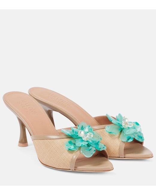 Malone Souliers Blue Cyd 70 Embellished Leather-Trimmed Mules
