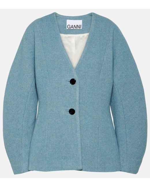 Ganni Blue Wool-blend Twill Blazer