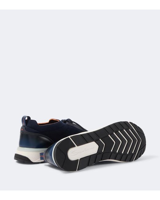 Santoni Blue Leather-Trimmed Knitted Sneakers for men