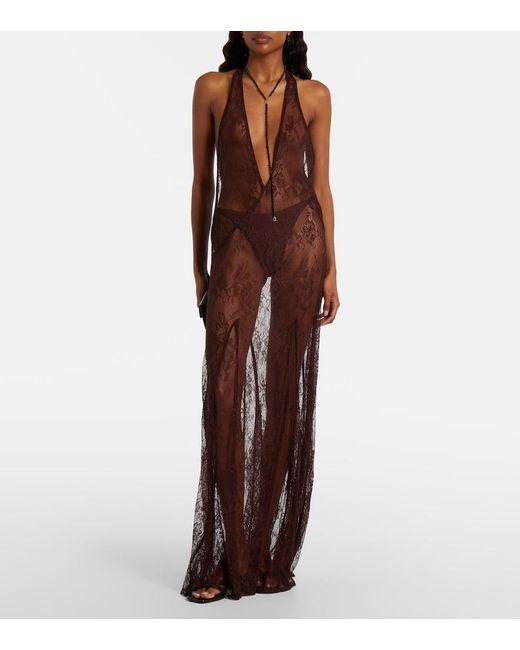 Adriana Degreas Purple Sheer Open-Back Lace Maxi Dress