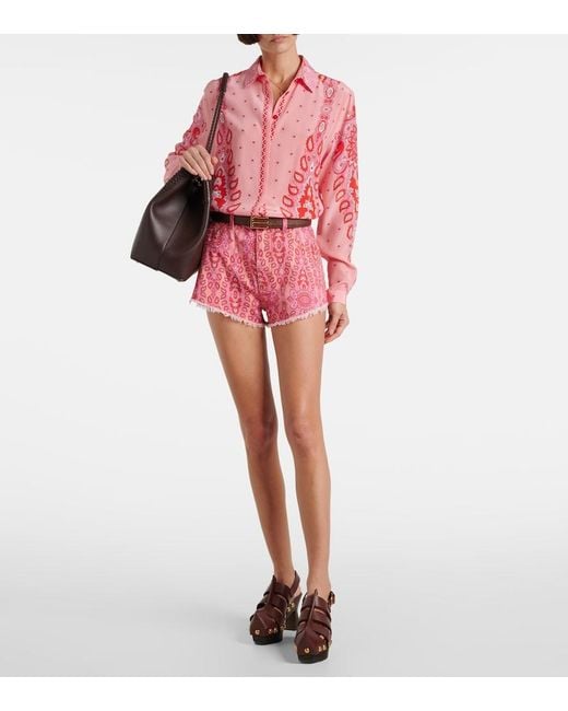 Etro Red Printed Denim Shorts