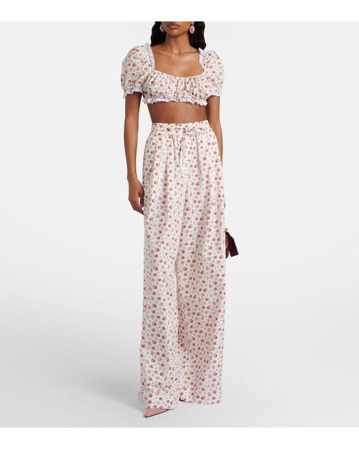 Dolce & Gabbana Pink Floral Lace-Trimmed Cotton Poplin Crop Top