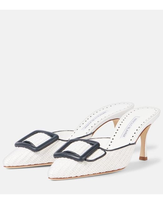 Manolo Blahnik White Maysale 70 Leather-Trimmed Raffia Mules