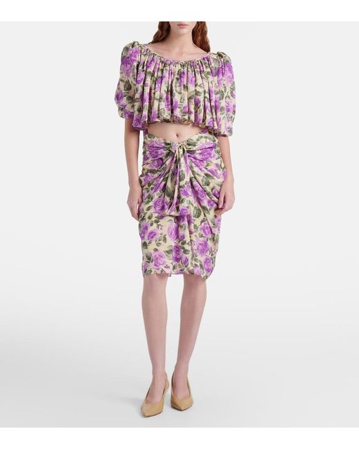 Chloé Pink Draped Floral Silk Midi Skirt