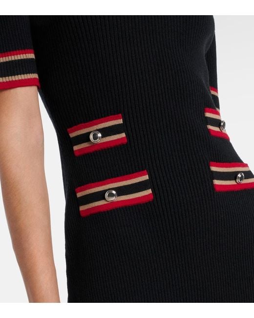 Alessandra Rich Black Ribbed-Knit Virgin Wool Polo Dress