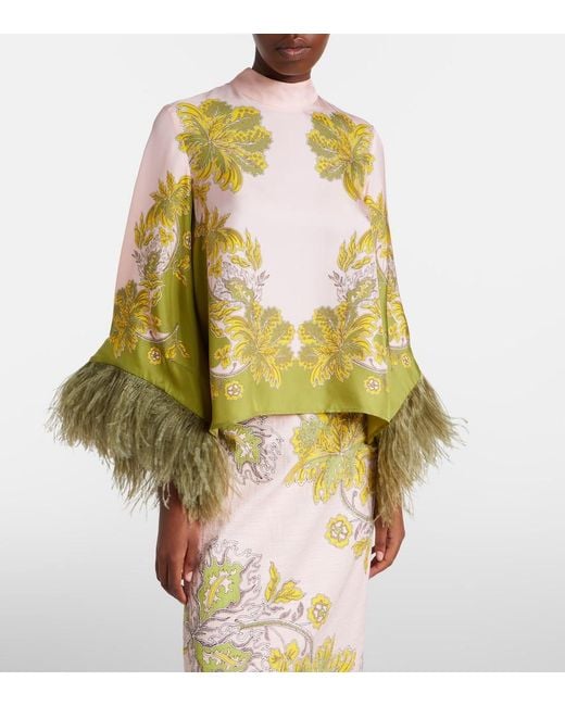 LaDoubleJ Yellow Make An Exit Feather-Trimmed Silk Twill Top