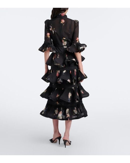 Zimmermann Black Floral Pleated Ruffled Midi Dress