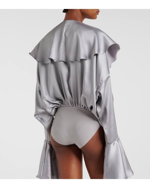 Norma Kamali Gray Ruffled Satin Bodysuit