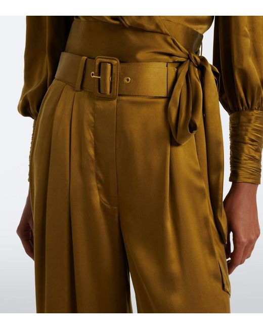 Zimmermann Natural Belted Pleated Silk Wide-Leg Pants