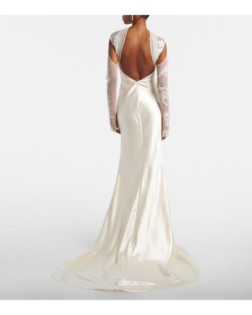 Danielle Frankel White Bridal Esme Lace-Trimmed Silk And Wool Gown
