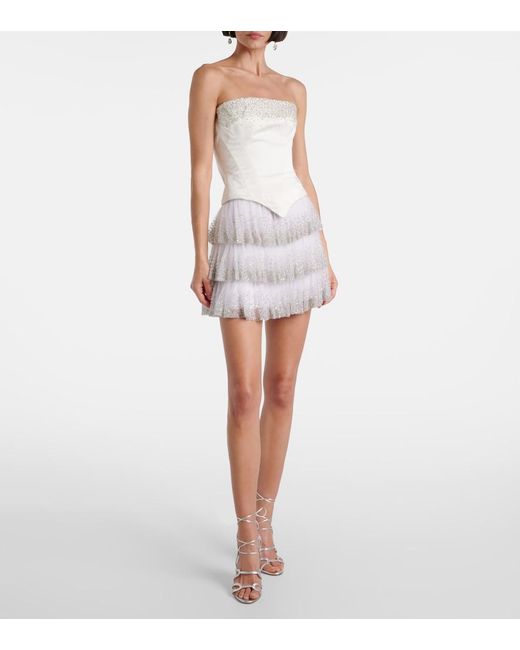 Clio Peppiatt White Evie Beaded Tiered Tulle Miniskirt