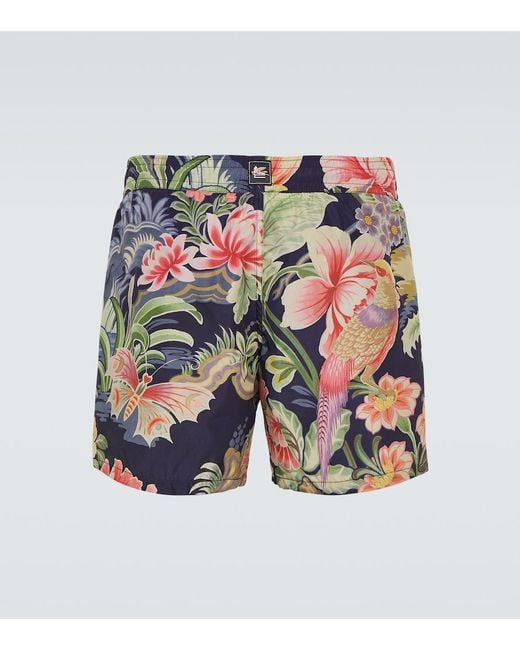 Etro Blue Floral-Print Swim Shorts for men