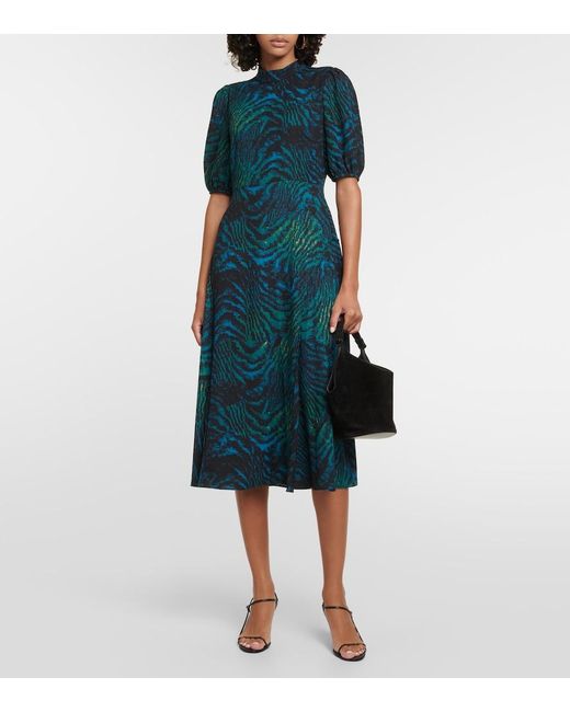 Diane von Furstenberg Blue Nella Tiger-Print Crepe Midi Dress