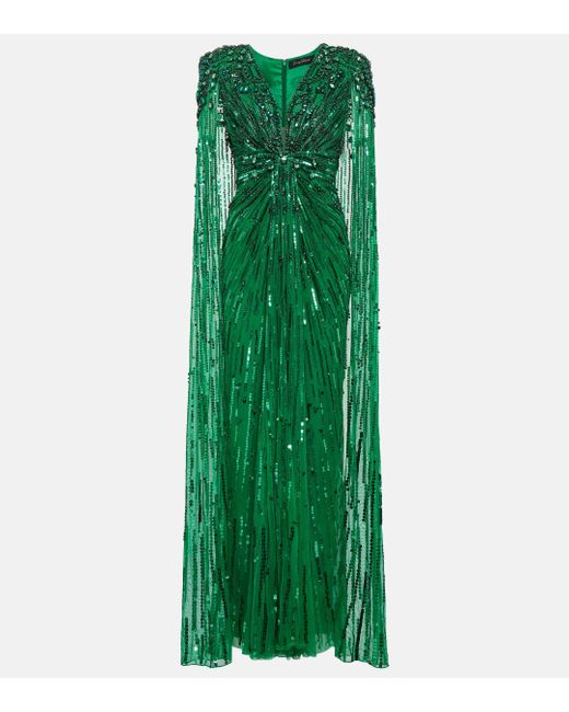 Jenny Packham Green Embellished Off-shoulder Gown