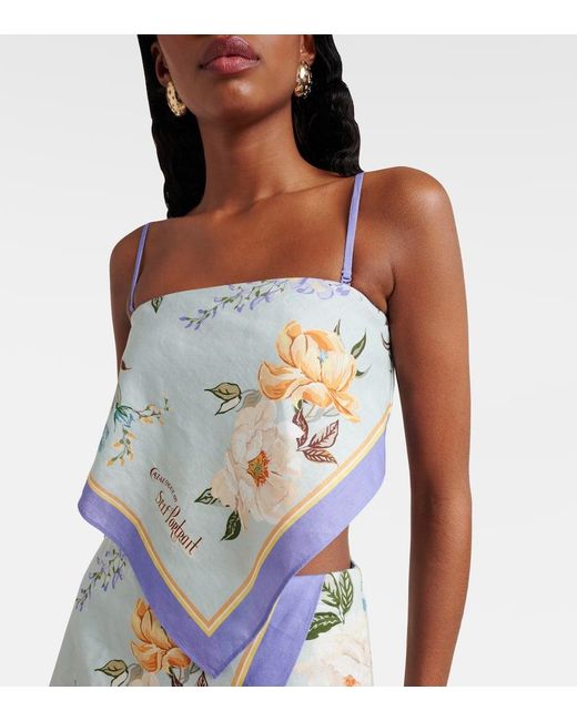 Crop Top De Lino Y Algodon Floral Self-Portrait de color Blue