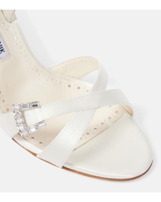 Manolo Blahnik White Ramisli Embellished Satin Slingback Sandals