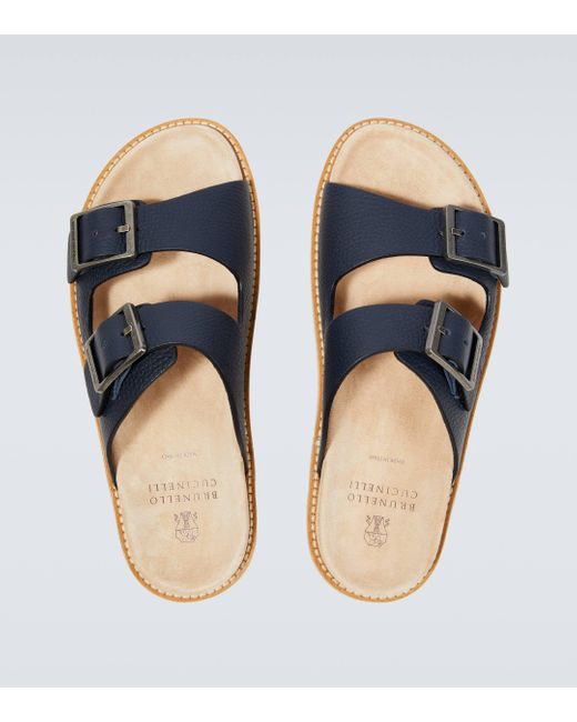 Brunello Cucinelli Blue Pebble Silver-toned-hardware Leather Sandals for men