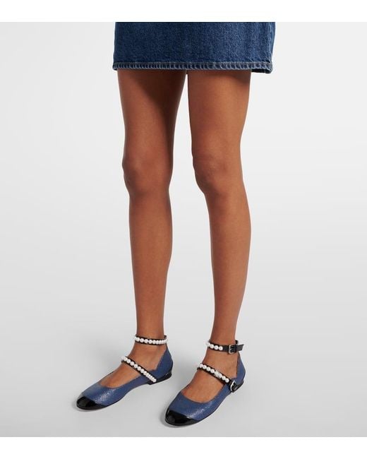 Mach & Mach Blue Embellished Denim Mary Jane Flats