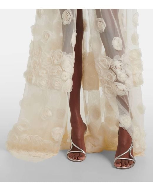 Norma Kamali Natural Floral-Applique Belted Sheer Gown