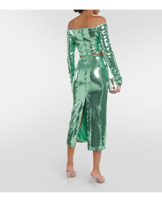 David Koma Green Sequined Off-Shoulder Crop Top