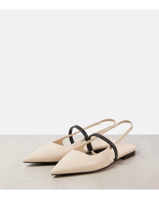 Brunello Cucinelli Natural Verzierte Slingback-Ballerinas Pointy Aus Leder