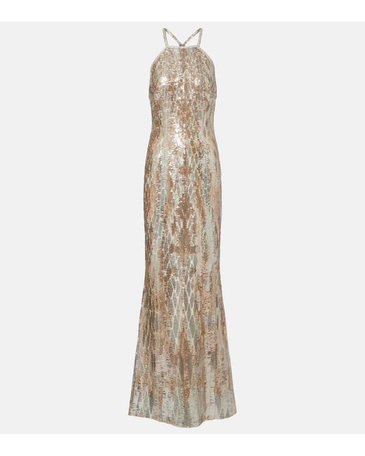 Elie Saab Natural Sequined Silk-Blend Gown