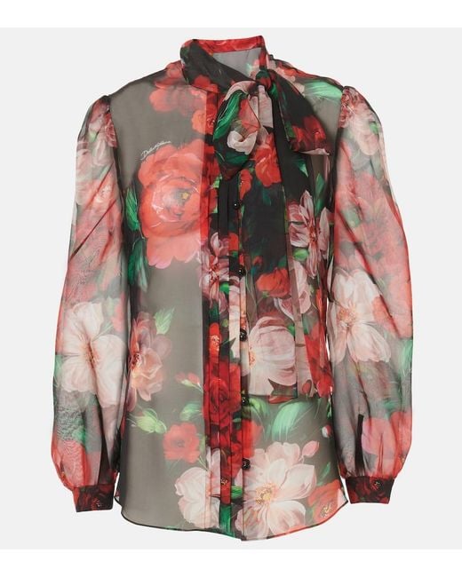 Dolce & Gabbana Red Floral Tie-Neck Silk Organza Blouse