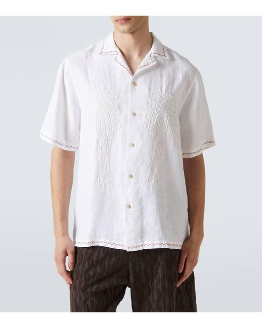 Frescobol Carioca White Flavio Embroidered Linen Bowling Shirt for men