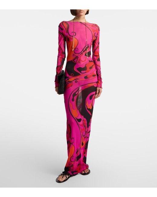 Emilio Pucci Pink Orchidee Print Tulle Long Dress